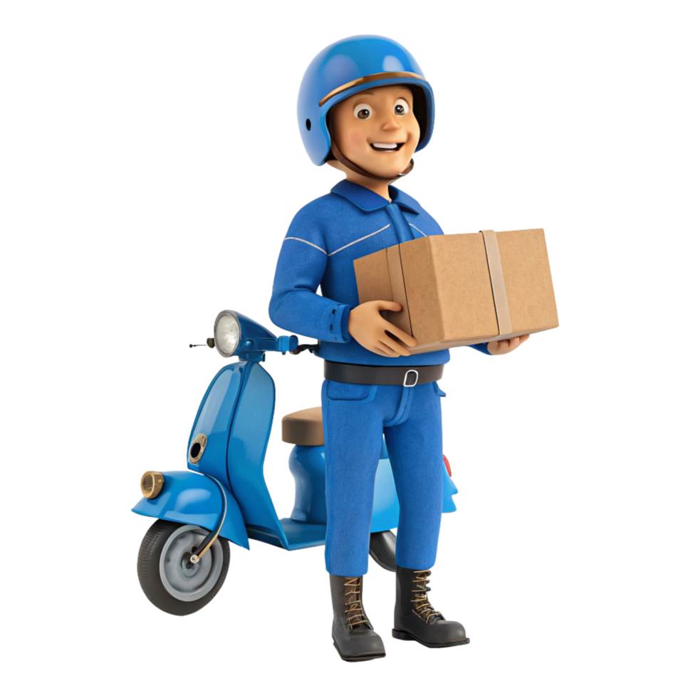Happy cartoon delivery man on scooter carrying a package png
