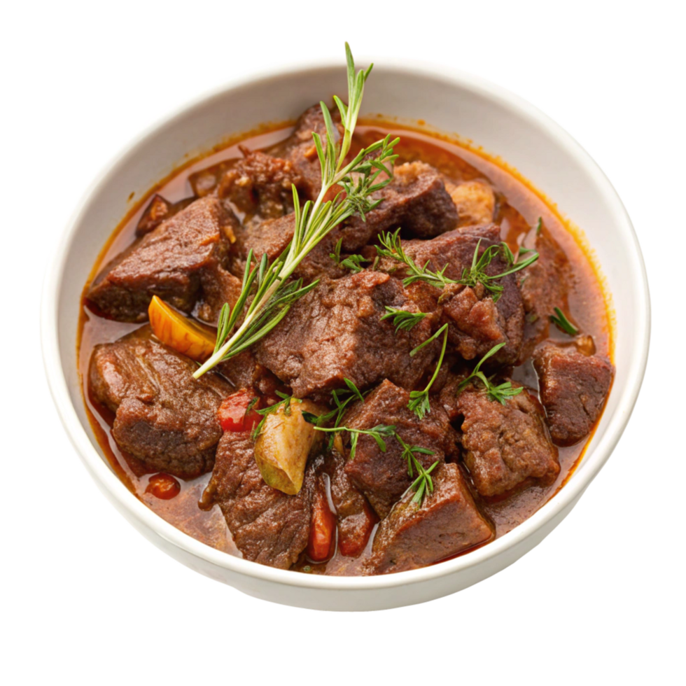 Delicious Beef Stew in a White Bowl Garnished with Rosemary and Thyme png