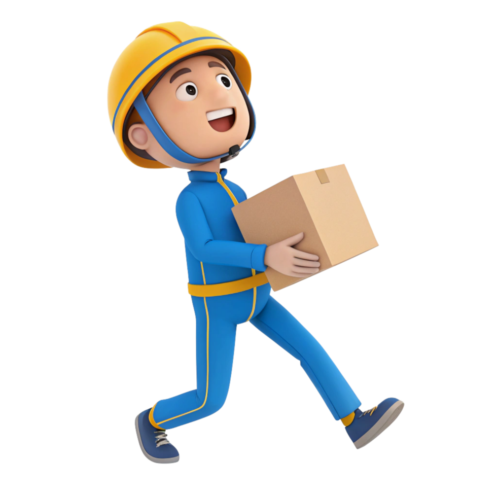 A cheerful 3D animated delivery worker in blue uniform rushes to deliver a package png