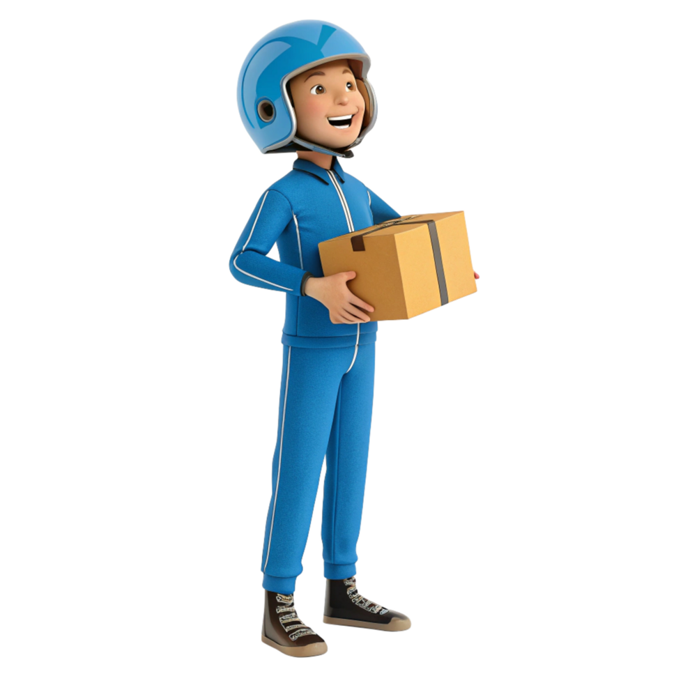A happy cartoon delivery boy in blue uniform holding a package png