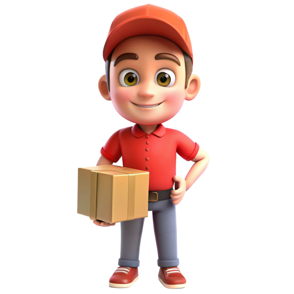 A cheerful 3D cartoon delivery boy holding a package png