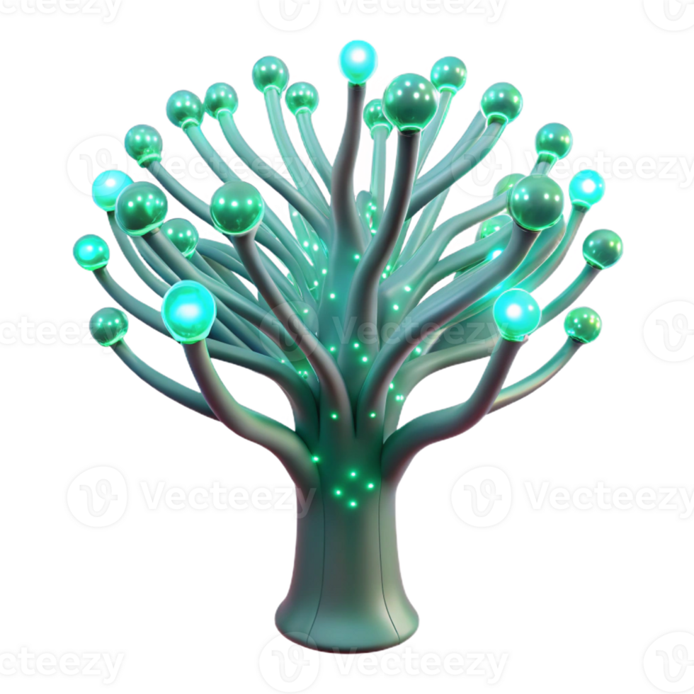 dramatic abstract A futuristic, bioluminescent tree with branches made of fiber optic cables, emitting a soft, green glow, in a surreal, fantasy style genuine png