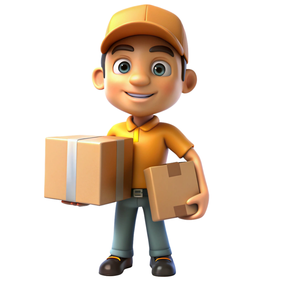 A cheerful 3D cartoon delivery person carrying two packages png