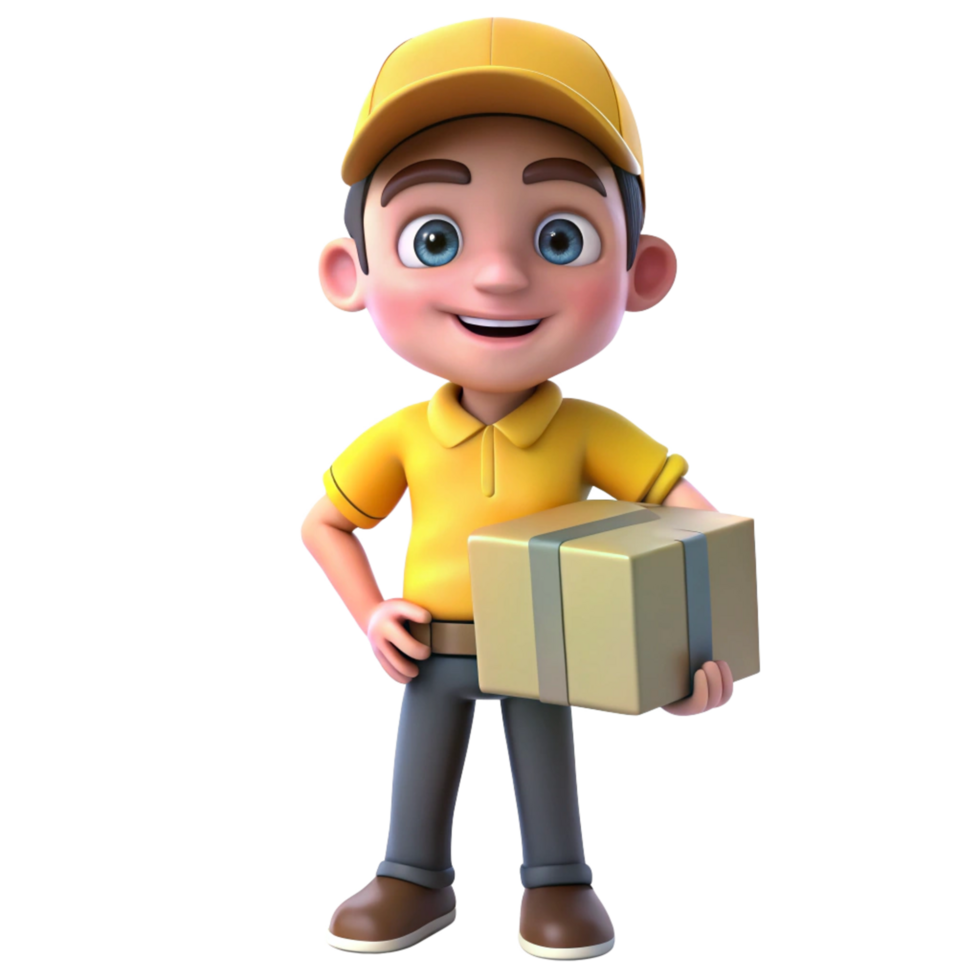 Smiling 3D Cartoon Delivery Boy Holding a Package png