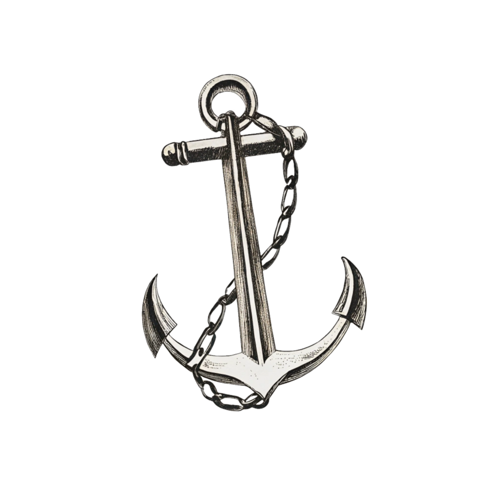 A Detailed Illustration of a Nautical Anchor with Chain png