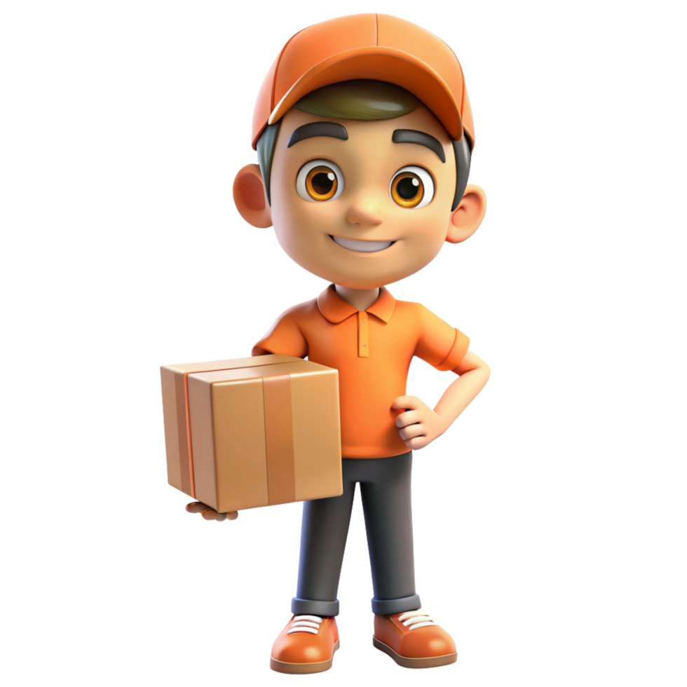 3D Render of a Smiling Cartoon Delivery Boy Holding a Package png