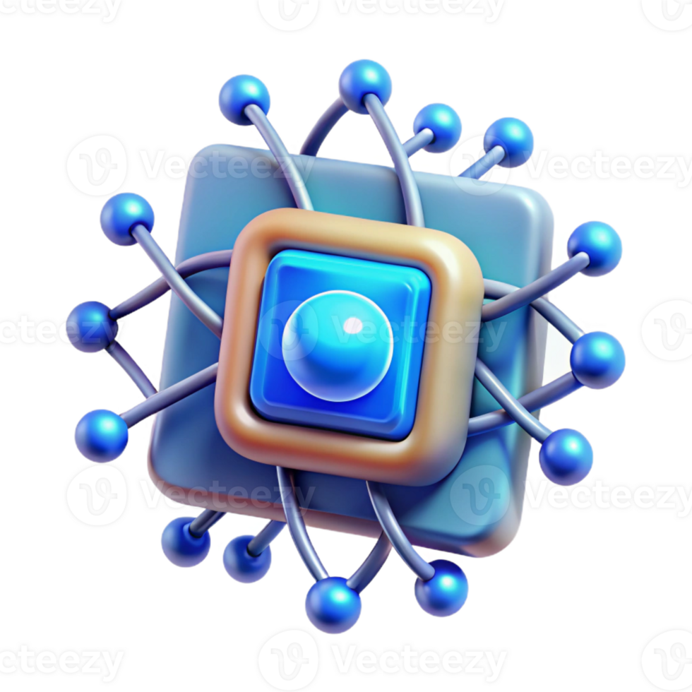 dramatic artistic A single, glowing microchip forming the core of a stylized atom, illuminated by electric blue sparks, in a technical, illustrative style premium png
