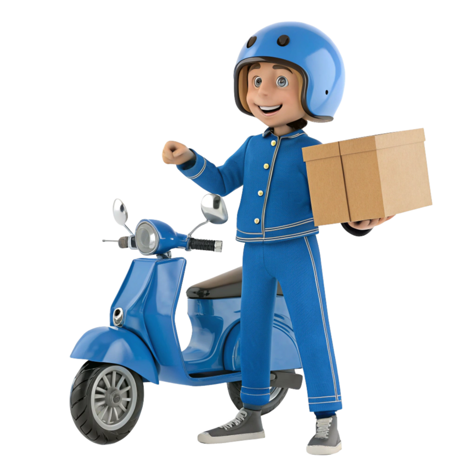 Cheerful 3D Render of a Delivery Boy on a Scooter Carrying a Package png
