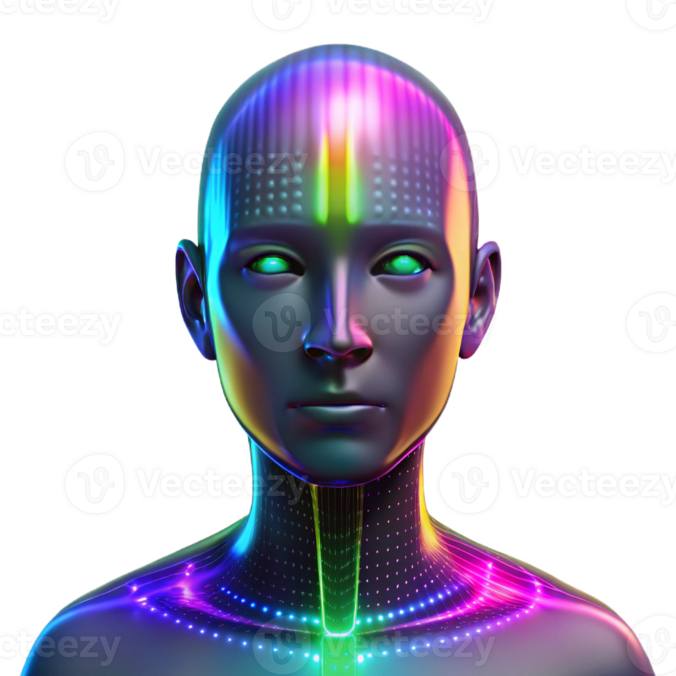 magnificent classic A digital human face composed of binary code, illuminated by a shifting, rainbow gradient, in a glitchy, cyberpunk style genuine png