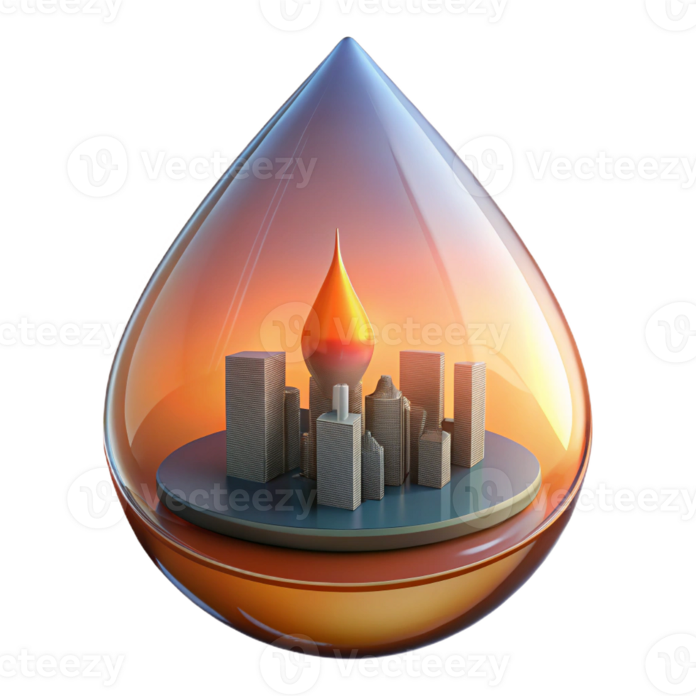 extraordinary artistic A futuristic city skyline reflected in a raindrop on a solar panel, illuminated by a warm, orange sunset glow 4K png