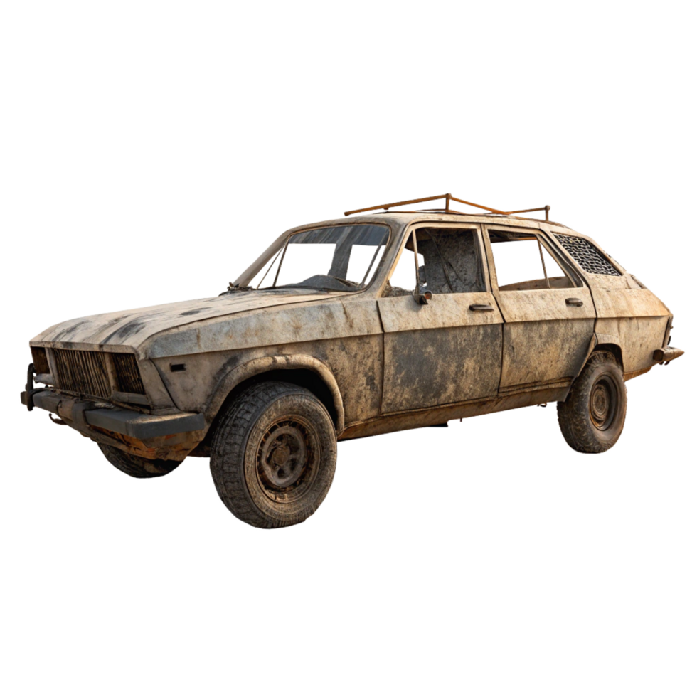 A dilapidated vintage station wagon covered in mud and grime png