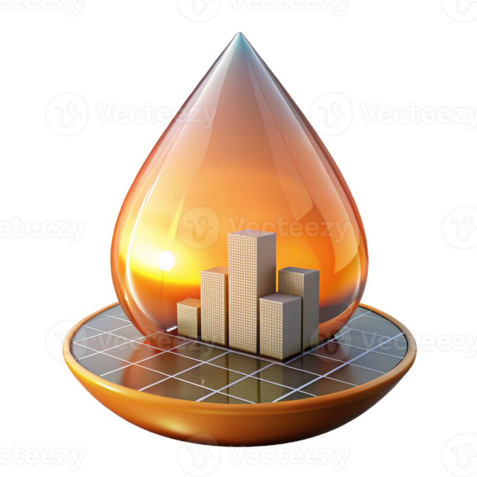 wonderful traditional A futuristic city skyline reflected in a raindrop on a solar panel, illuminated by a warm, orange sunset glow high resolution png