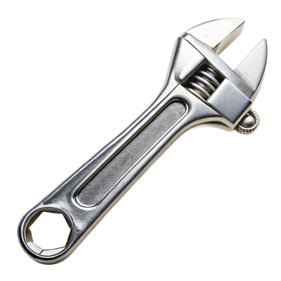 Closeup of a Shiny Silver Adjustable Wrench on Black Background png