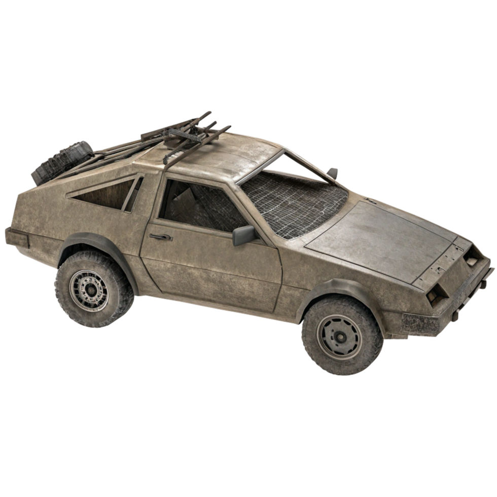 A weathered and worn out futuristic vintage car, a post apocalyptic vehicle png