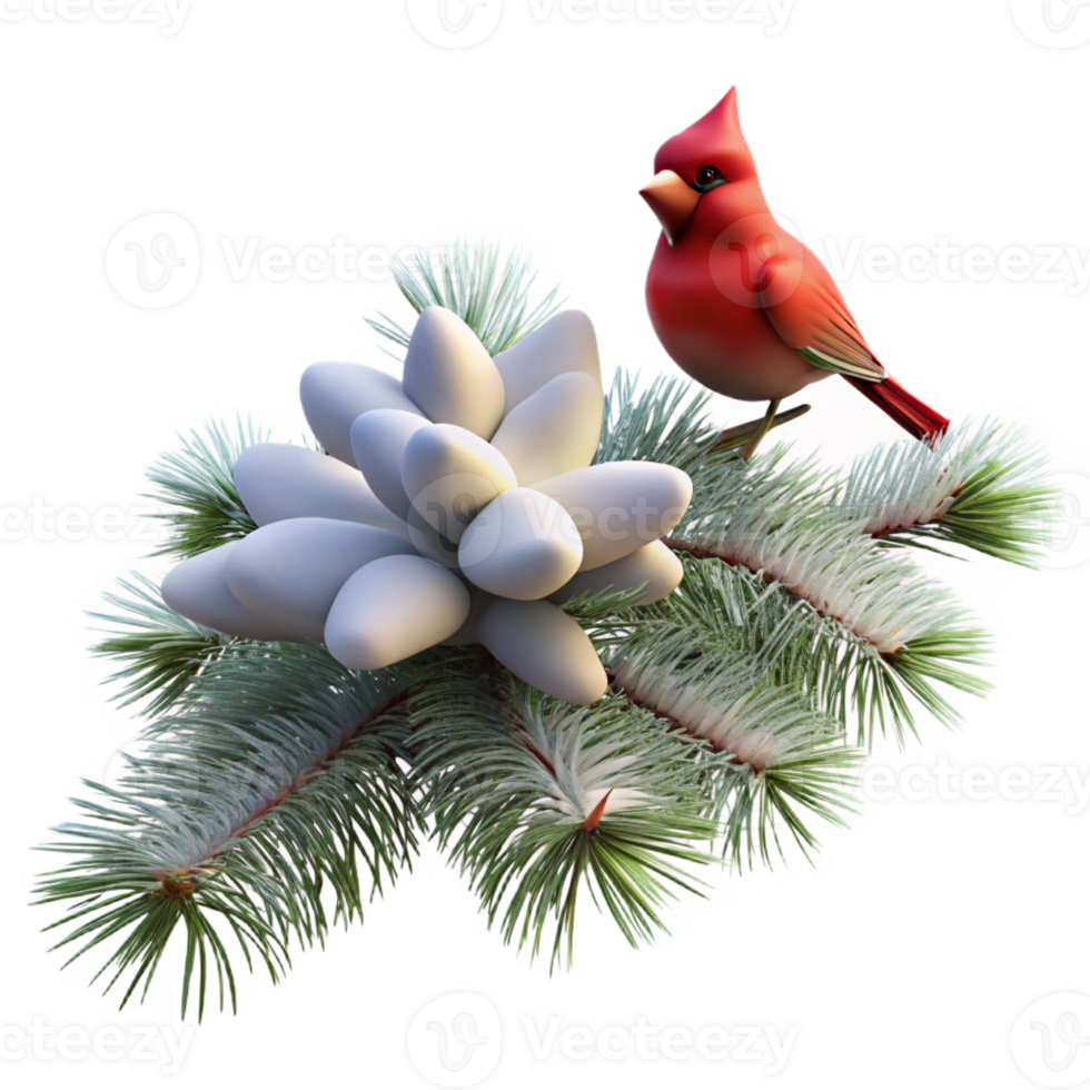 vibrant contemporary A snow-covered pine bough with a single cardinal perched on it, soft winter light, realistic style high resolution png