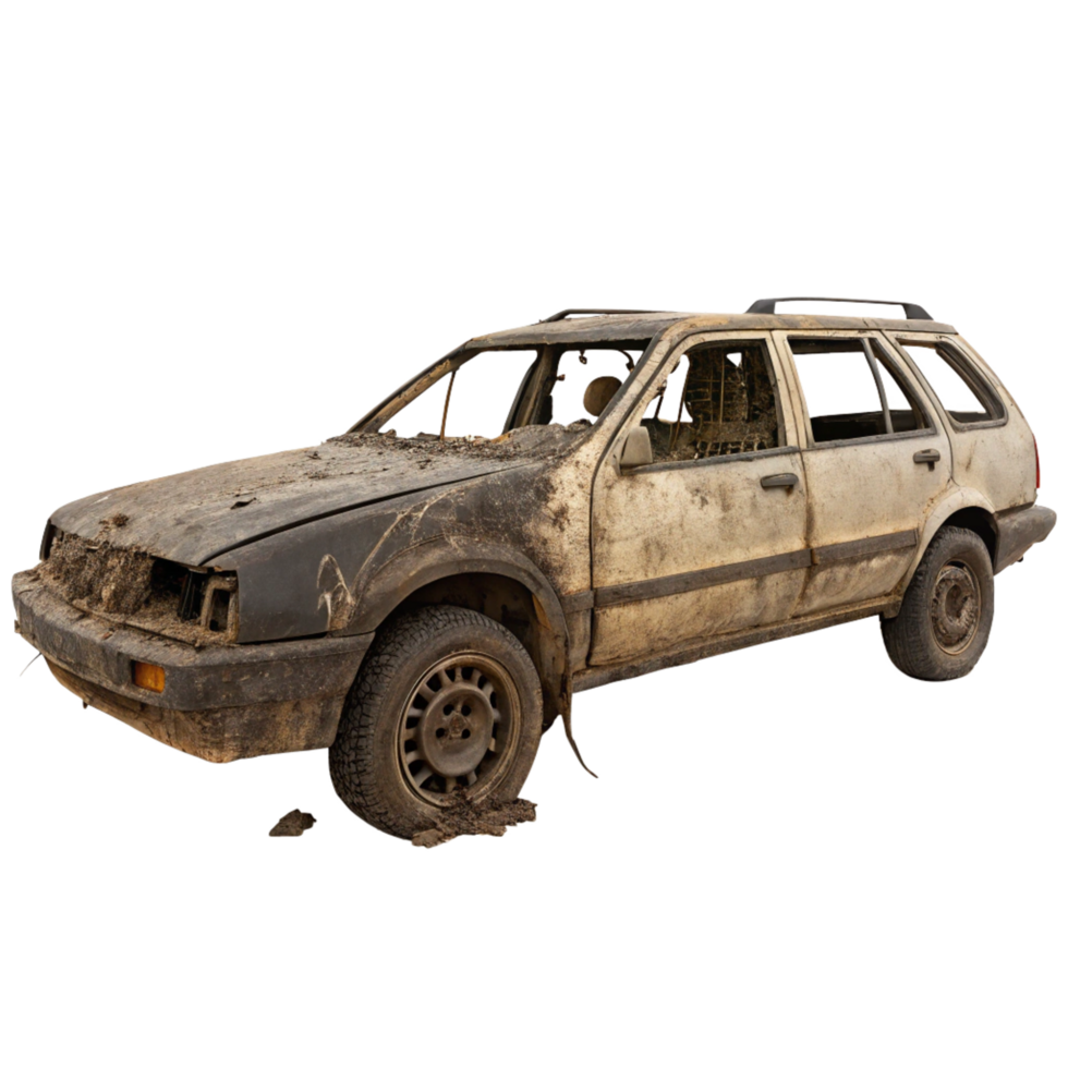 A dilapidated and mudcaked station wagon, wrecked and abandoned png