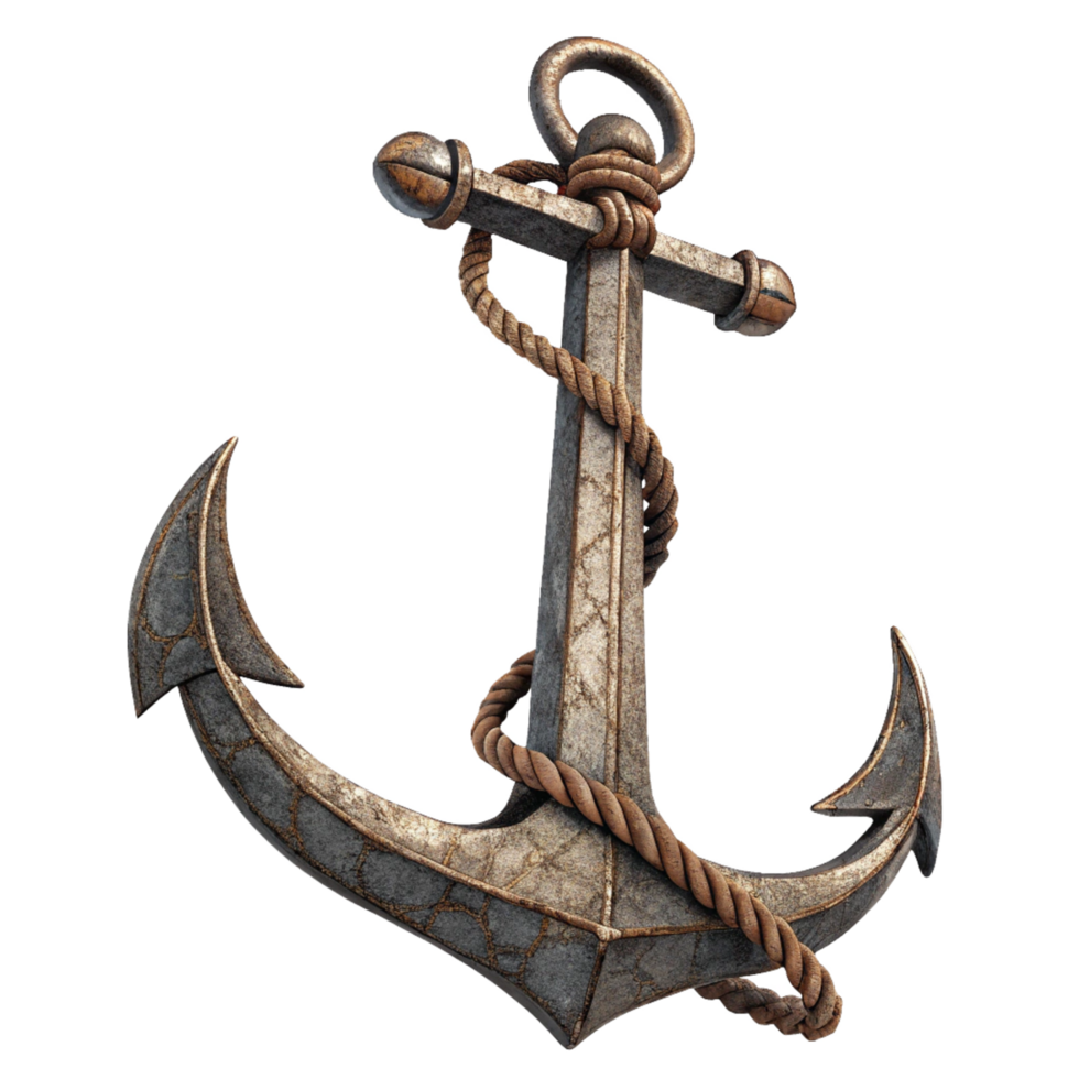Ancient Weathered Metal Anchor with Brown Rope Nautical Maritime Seafaring Illustration png