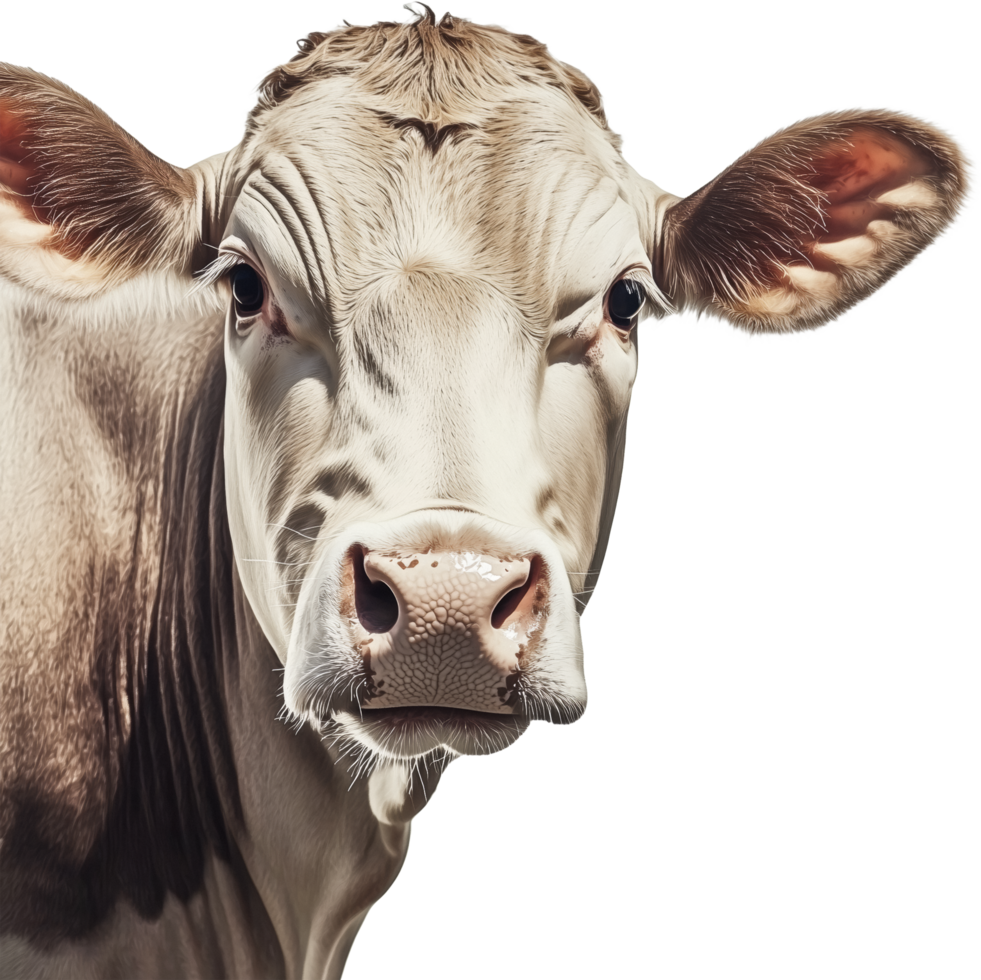 A close up of a cow's face png