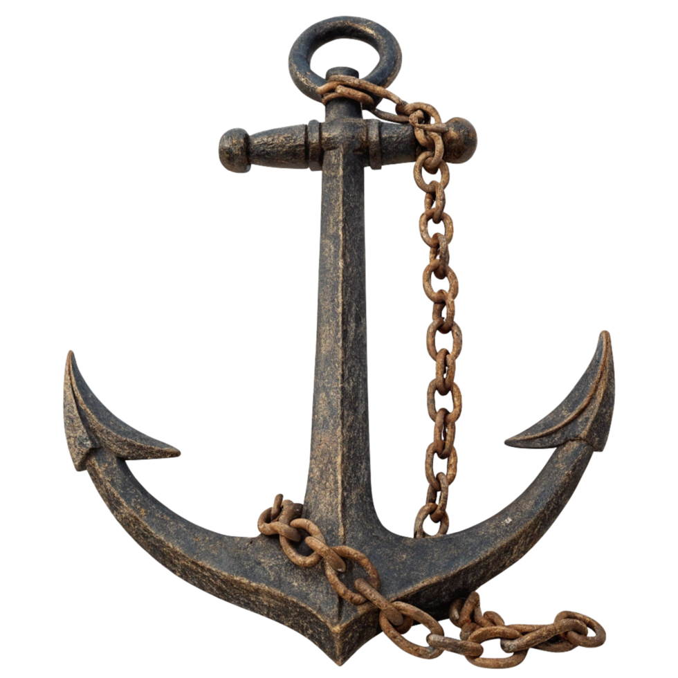 A weathered nautical anchor with a rusty chain on a black background png