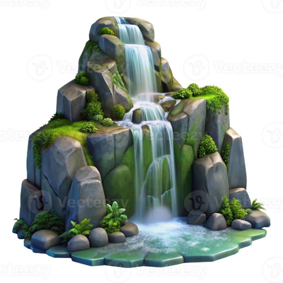 elegant contemporary A cascading waterfall flowing over mossy rocks, long exposure photography, ethereal lighting original png