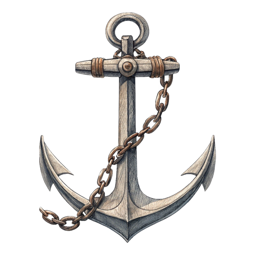 A detailed illustration of an old nautical anchor with a rusty chain png