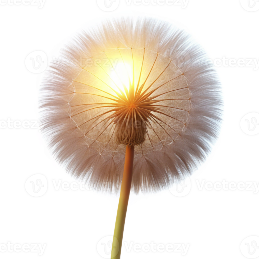 wonderful artistic A single dandelion seedhead, backlit by the setting sun, creating a halo effect, macro photography authentic png