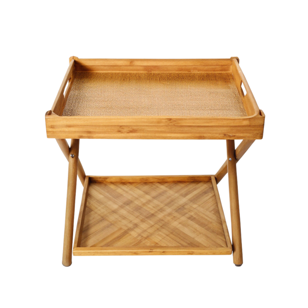 Beautiful TwoTiered Wooden Serving Tray with Rattan Top and Chevron Patterned Bottom Shelf png