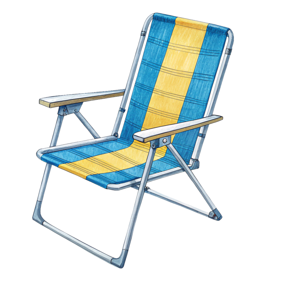 A Classic Blue and Yellow Striped Folding Beach Chair for Relaxation and Outdoor Fun png