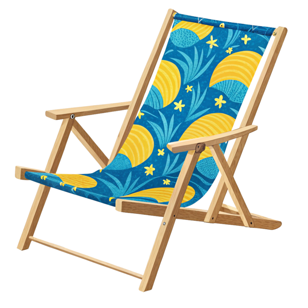 Stylish Wooden Beach Chair with Vibrant Yellow and Blue Tropical Pattern png