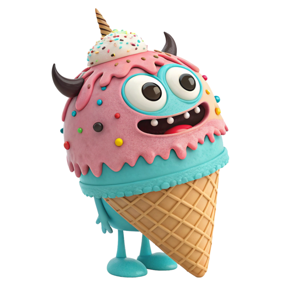 Adorable 3D Render of a Happy Ice Cream Monster with Unicorn Horn and Candy Sprinkles png