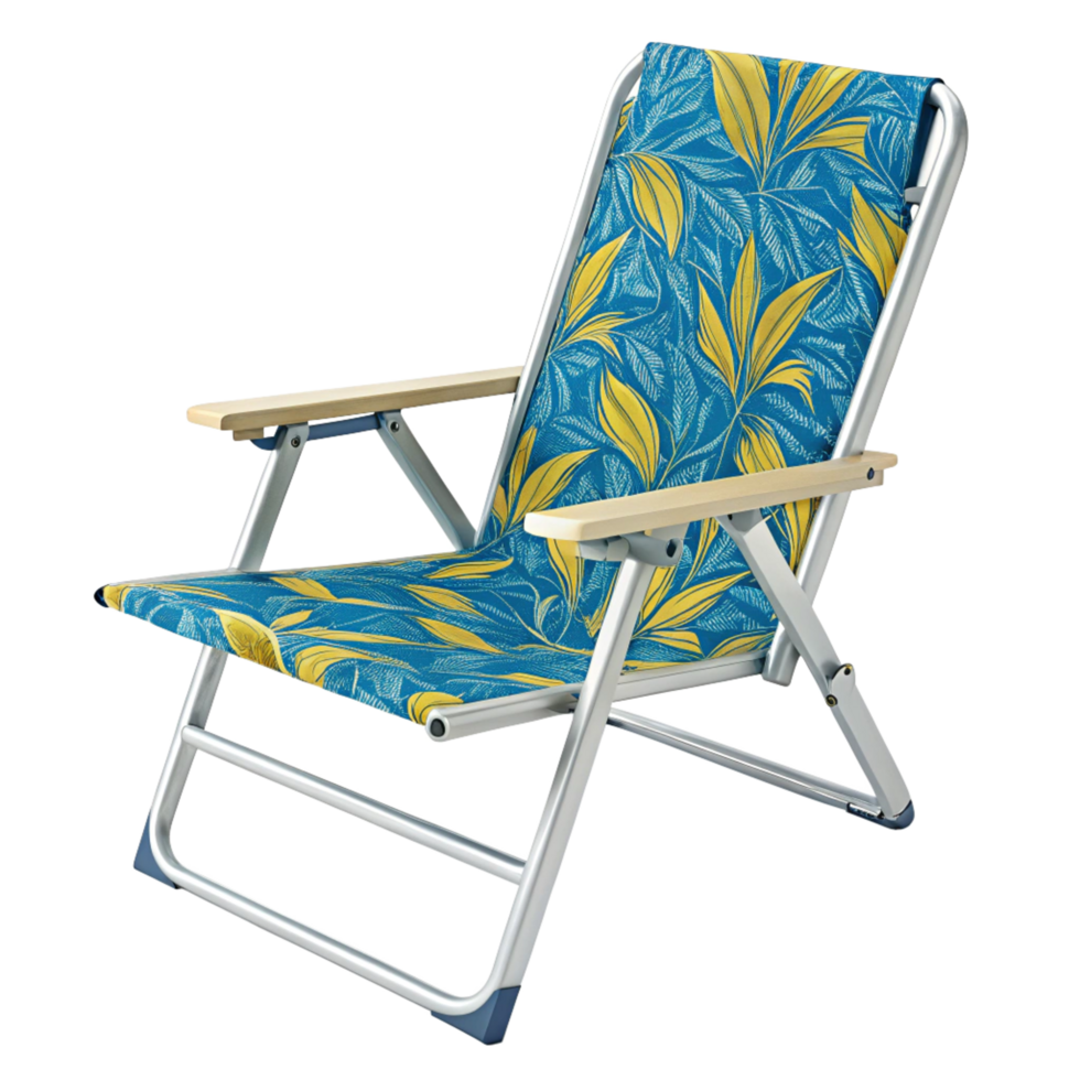 Stylish Teal and Yellow Floral Pattern Folding Aluminum Beach Chair with Wooden Arms png