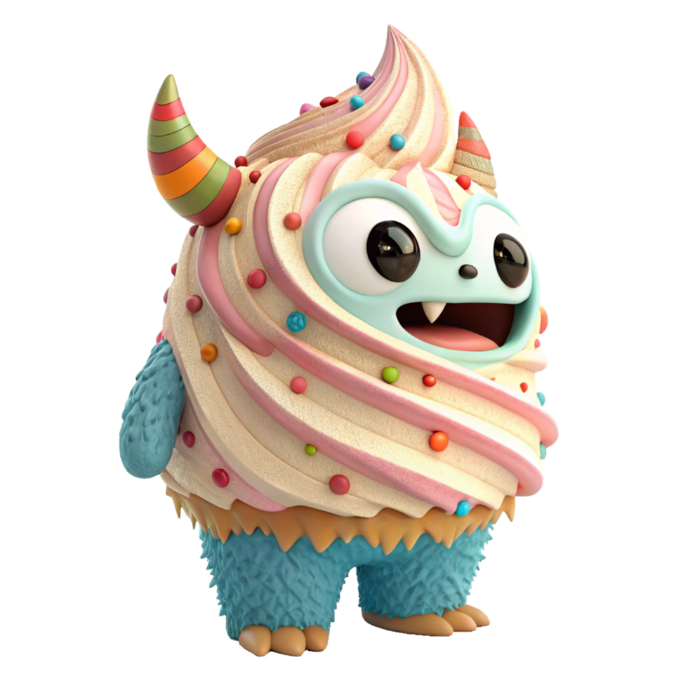 Adorable 3D Render of a Cute Monster with Swirl Ice Cream Costume png