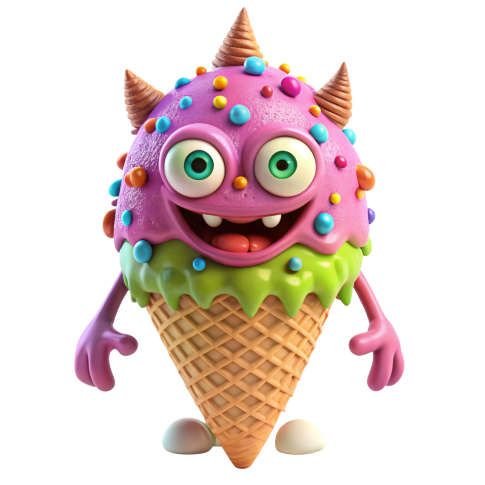 A cheerful cartoon ice cream cone monster with colorful sprinkles and horns png