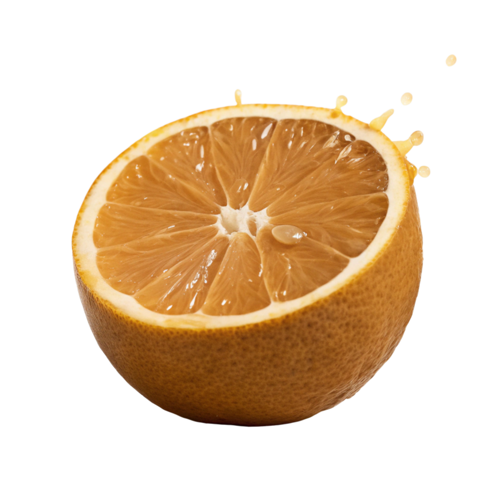 A juicy orange half with splashing juice isolated on black background, vibrant citrus fruit, healthy food photography png