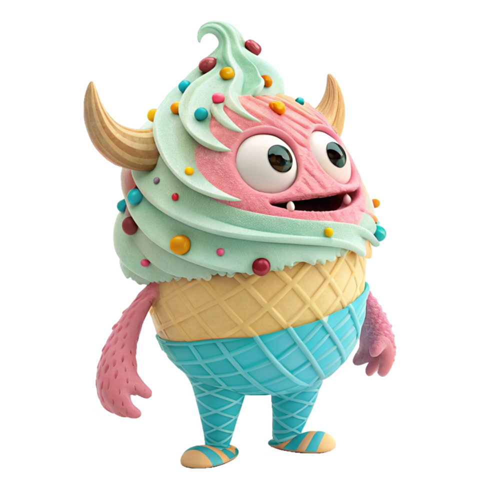 Adorable Ice Cream Monster Cartoon Character Design with Colorful Sprinkles and Waffle Cone Body png
