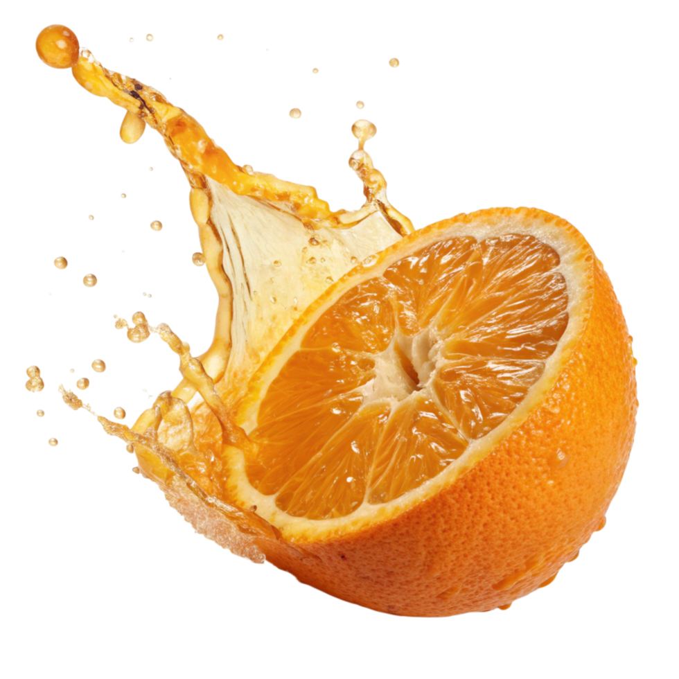 A vibrant image of a juicy orange half with a splash of fresh orange juice png