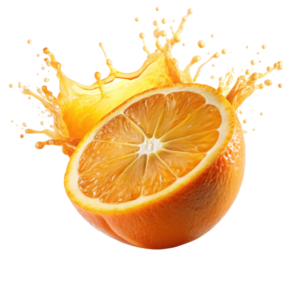 A juicy orange half with splashing orange juice isolated on a black background png
