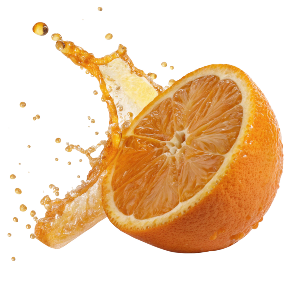 A vibrant image of an orange half with splashing juice droplets png