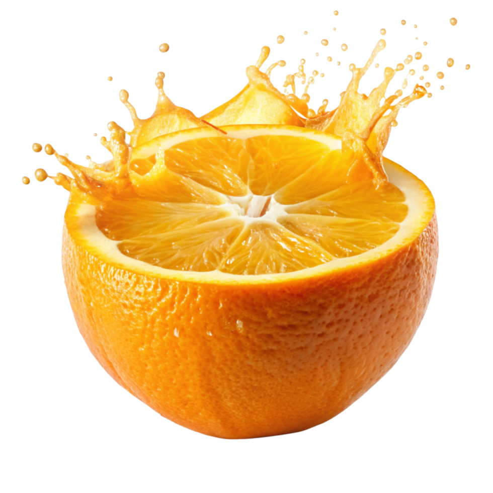 A vibrant orange half with splashing juice droplets png