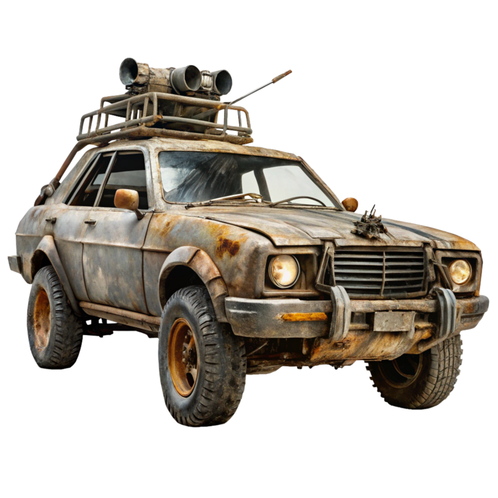 Rusty Post Apocalyptic Mad Max Style Vehicle with Roof Rack and Weapons png