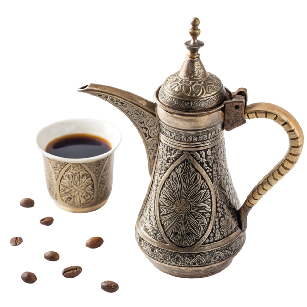Ornate Antique Coffee Pot and Cup with Coffee Beans png