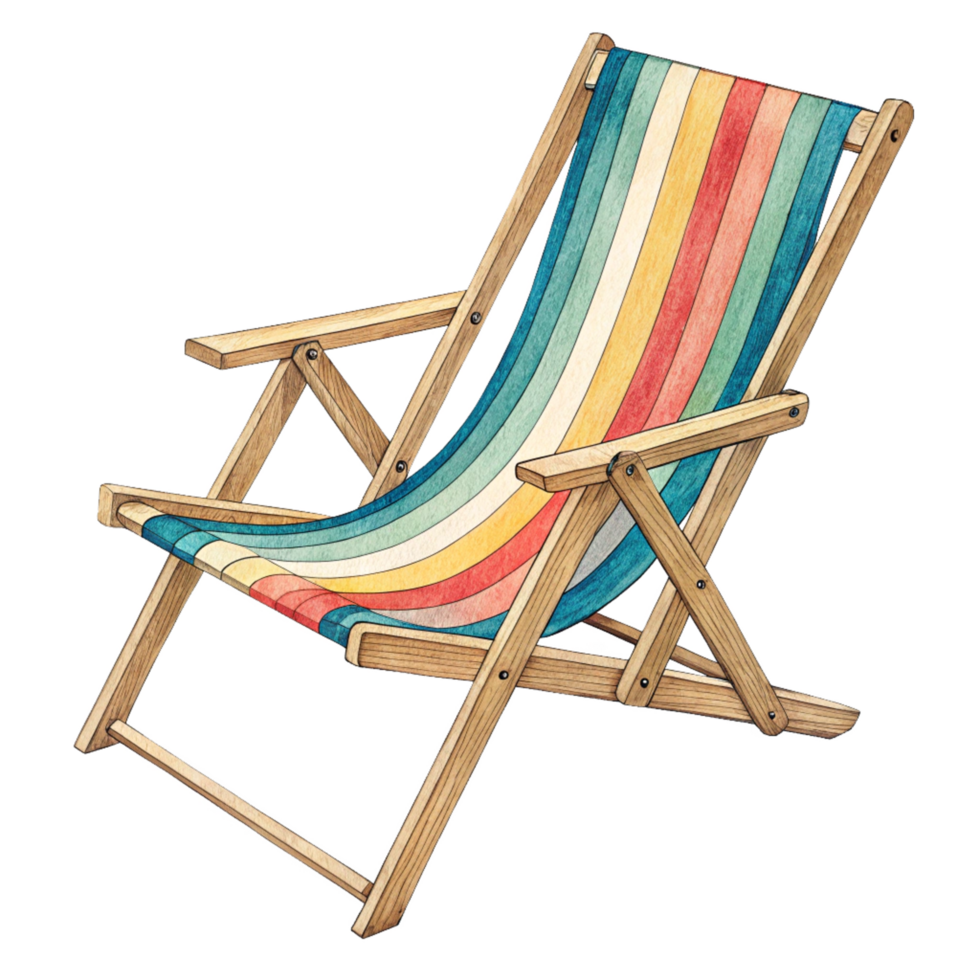 A Colorful Striped Wooden Deck Chair Perfect for Relaxing Summer Days png