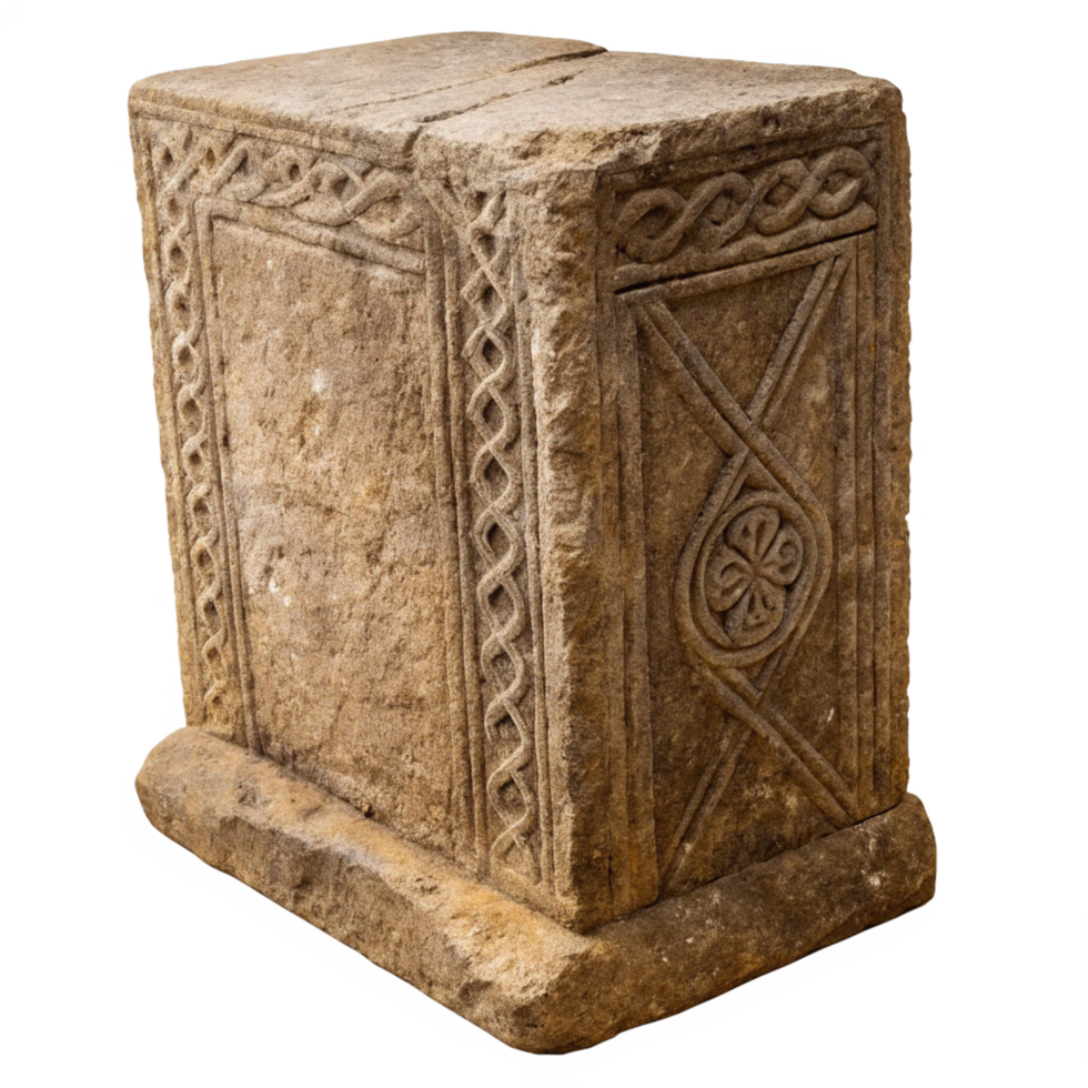 Ancient Stone Carving with Celtic Knotwork and Geometric Designs png