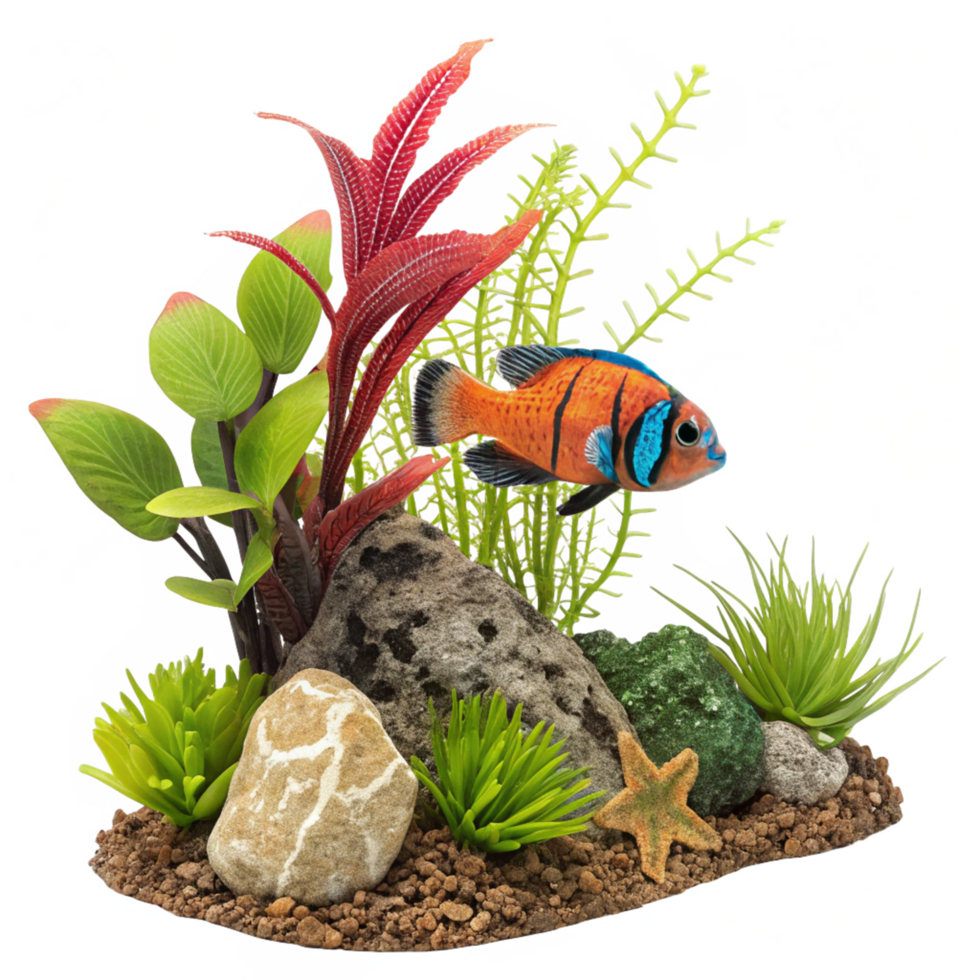 Vibrant Aquarium Scene with Orange and Blue Fish and Lush Artificial Plants png