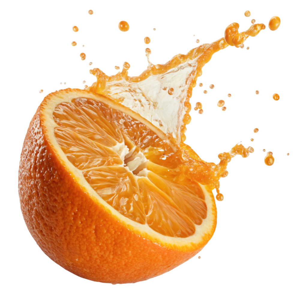 A juicy slice of orange with splashing orange juice png