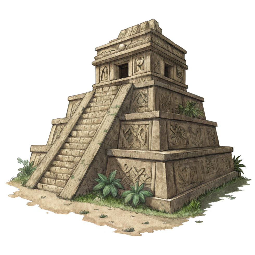 Ancient Mayan Pyramid Temple Stone Structure with Carvings and Lush Vegetation png