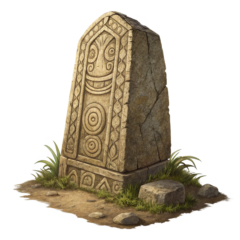 Ancient Stone Carving with Smiling Face and Geometric Designs on a Dirt Ground png