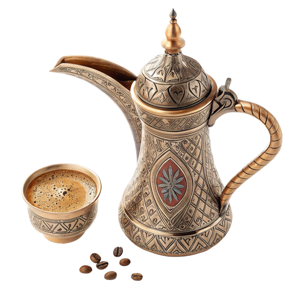 Ornate Arabic Coffee Pot and Cup with Coffee Beans png