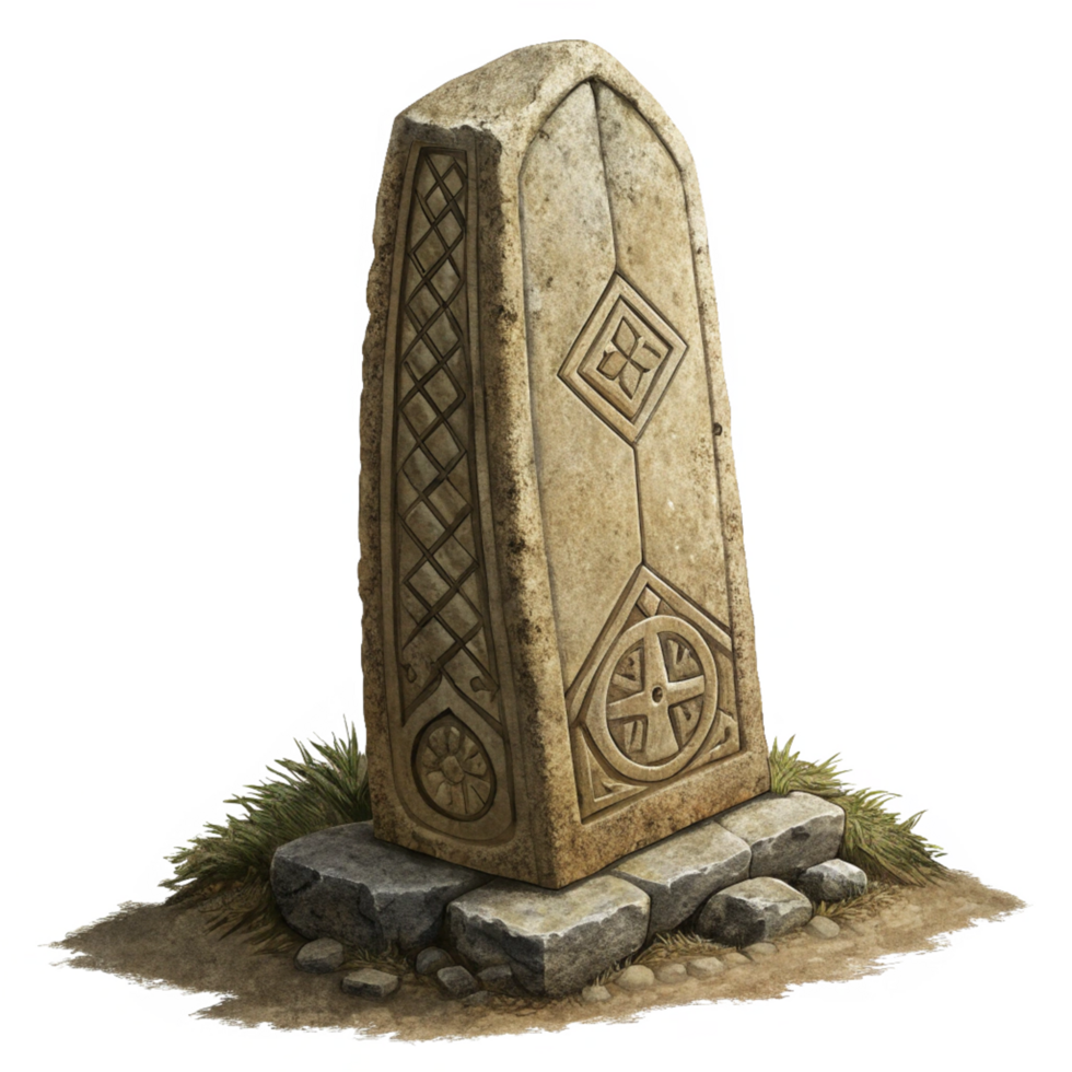 Ancient Stone Monument with Celtic Knotwork and Symbolic Designs png
