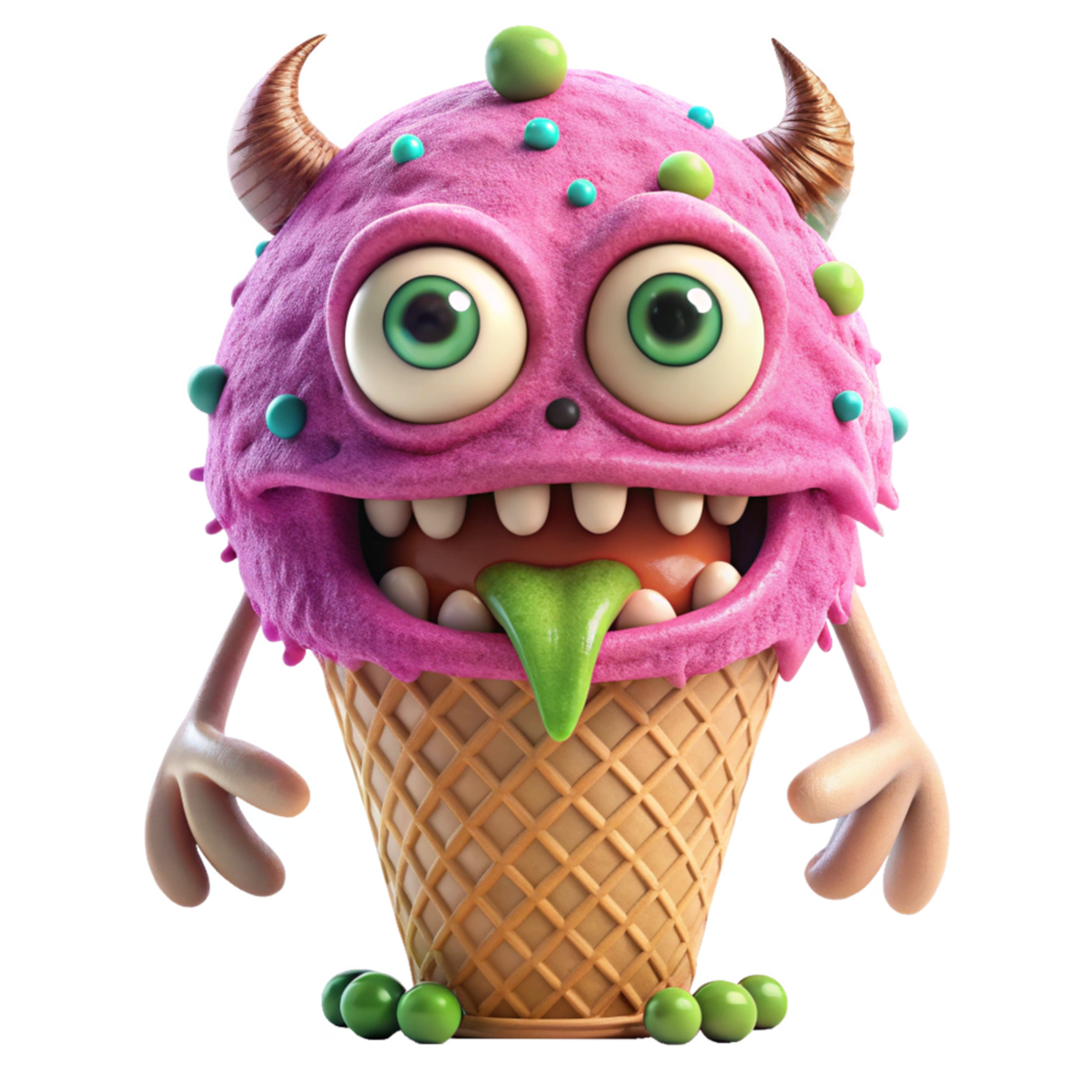 A whimsical 3D rendering of a pink ice cream monster with horns png